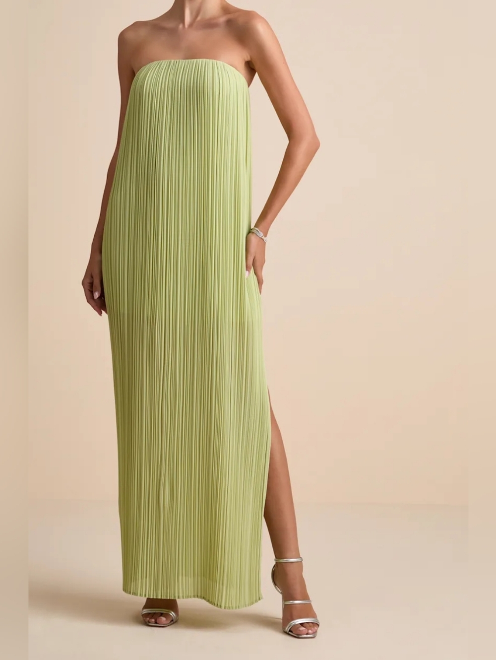 Lulus Yamuna Light Green Pleated Strapless Maxi Dress XS Wedding Party Formal - Picture 4 of 10